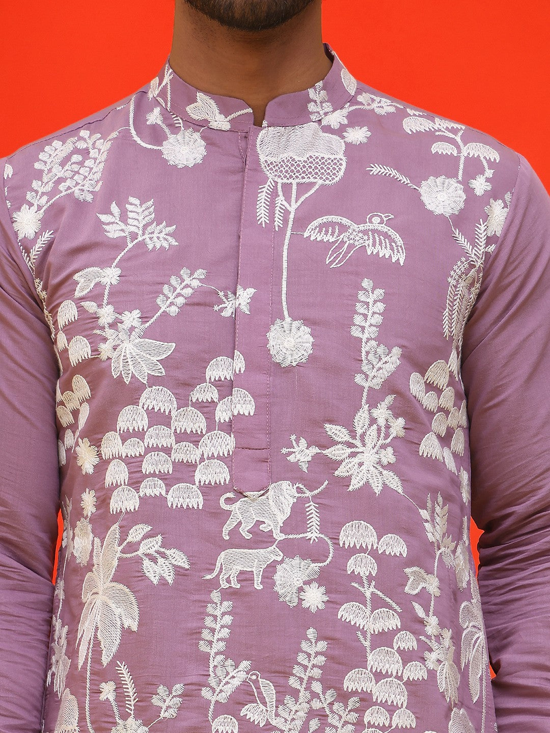 Men’s Chikankari Embroidered Kurta Set with Pyjamas – Elegant Floral Design