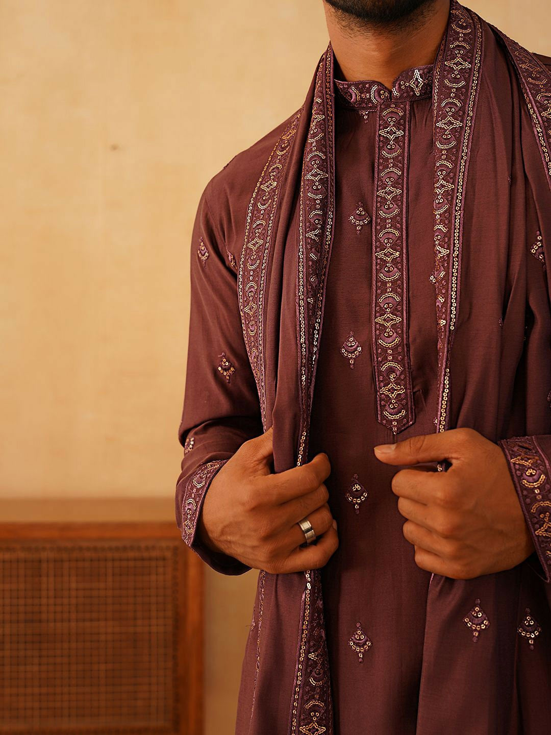 Floral Embroidered Sequinned Straight Kurta with Trousers & Dupatta – Elegant Festive Ensemble