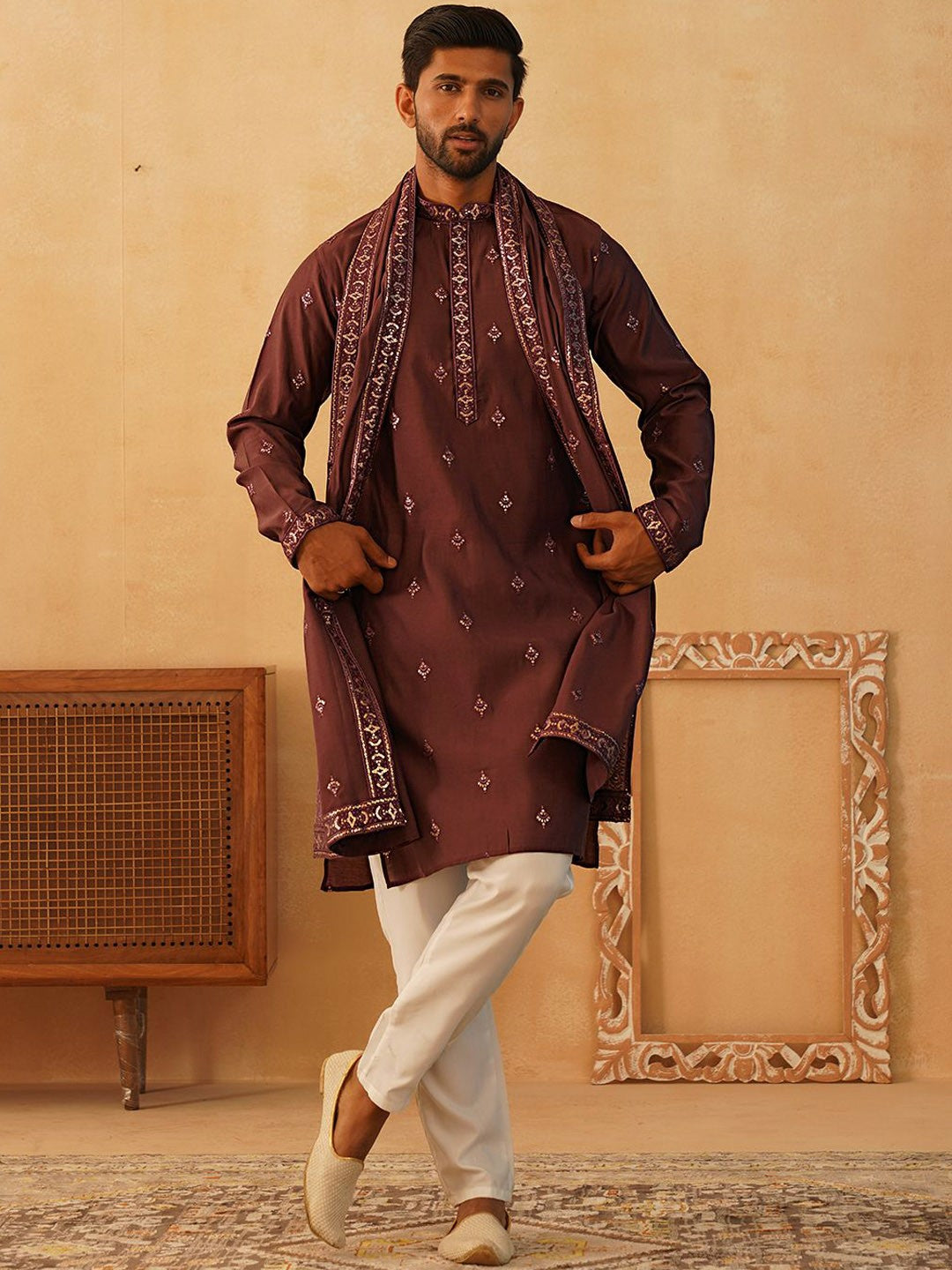Floral Embroidered Sequinned Straight Kurta with Trousers & Dupatta – Elegant Festive Ensemble