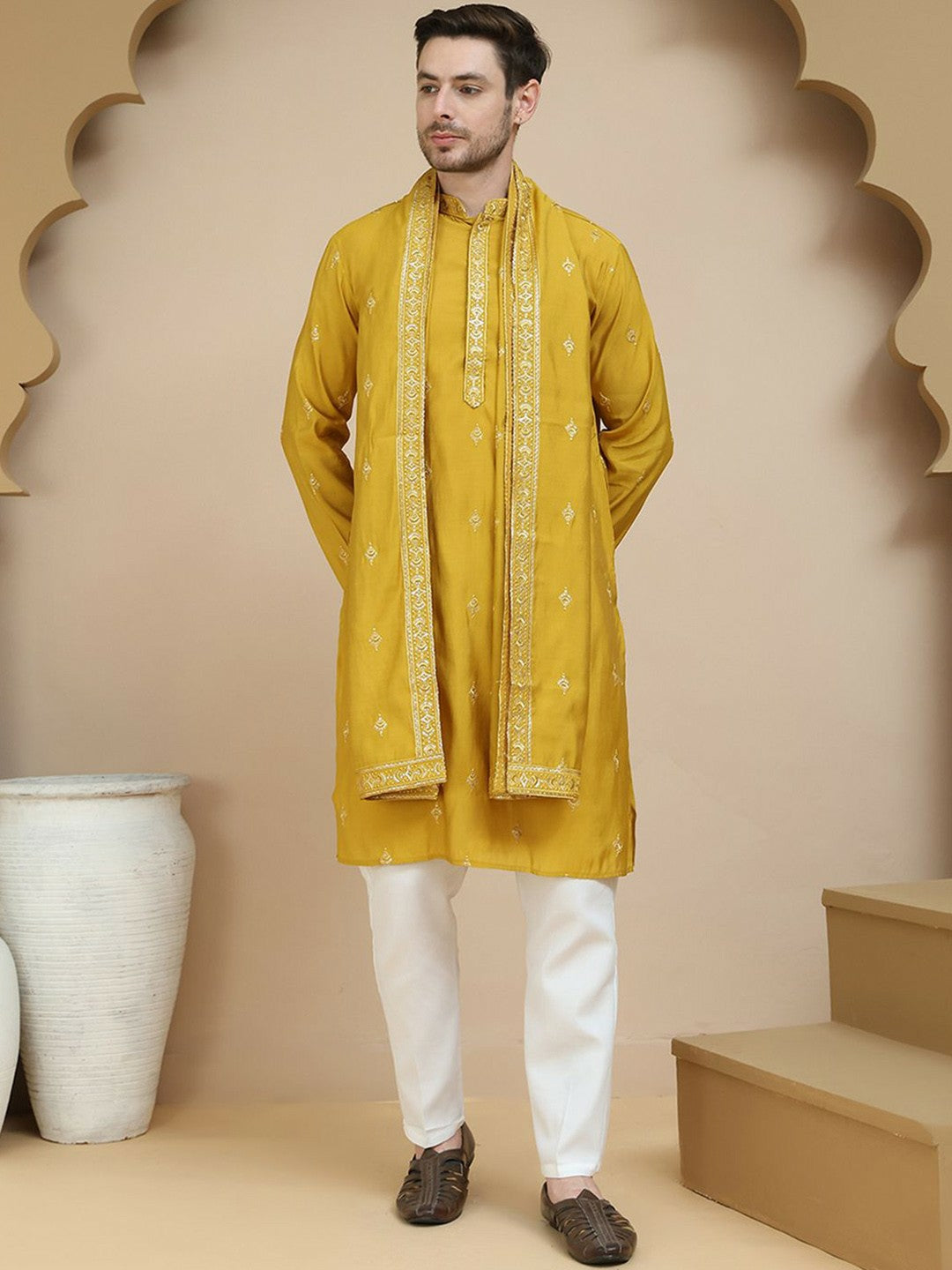 Floral Embroidered Sequinned Mandarin Collar Straight Kurta with Pyjamas & Dupatta – Elegant Festive Ensemble