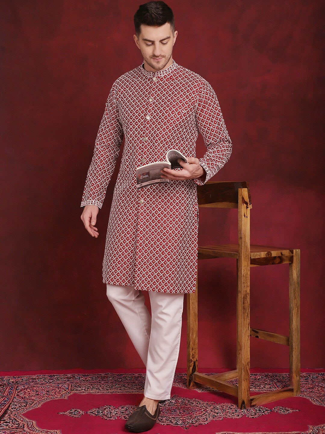 Men's Front-Open Embroidered Kurta Set with Subtle Sequins