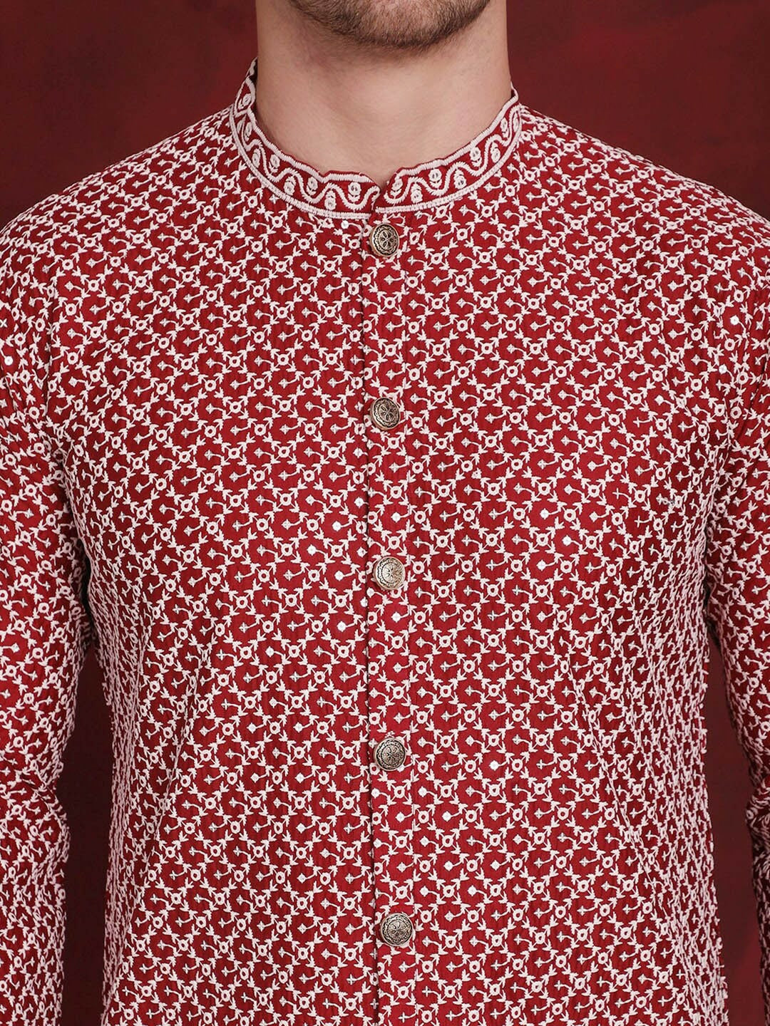 Men's Front-Open Embroidered Kurta Set with Subtle Sequins