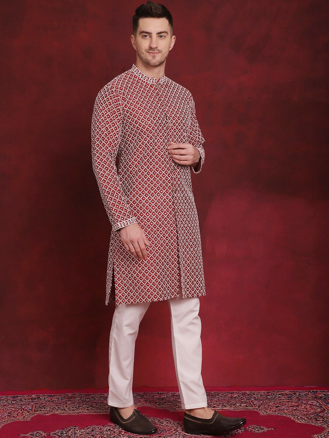 Men's Front-Open Embroidered Kurta Set with Subtle Sequins