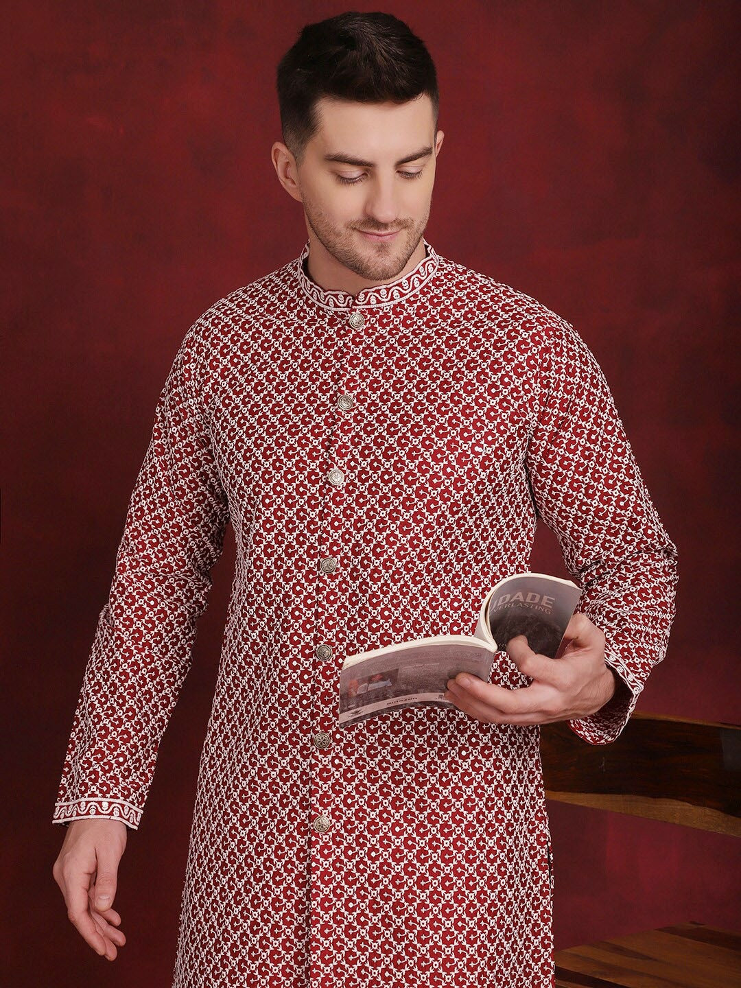 Men's Front-Open Embroidered Kurta Set with Subtle Sequins