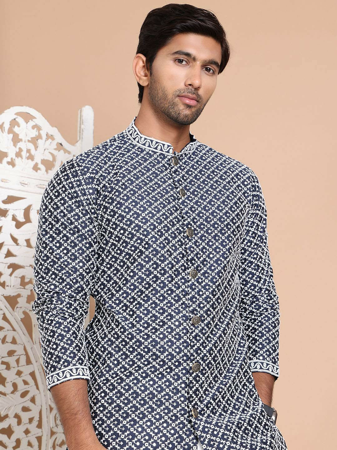 Men's Elegant Navy Embroidered Kurta Set with Pyjamas – Festive Wear