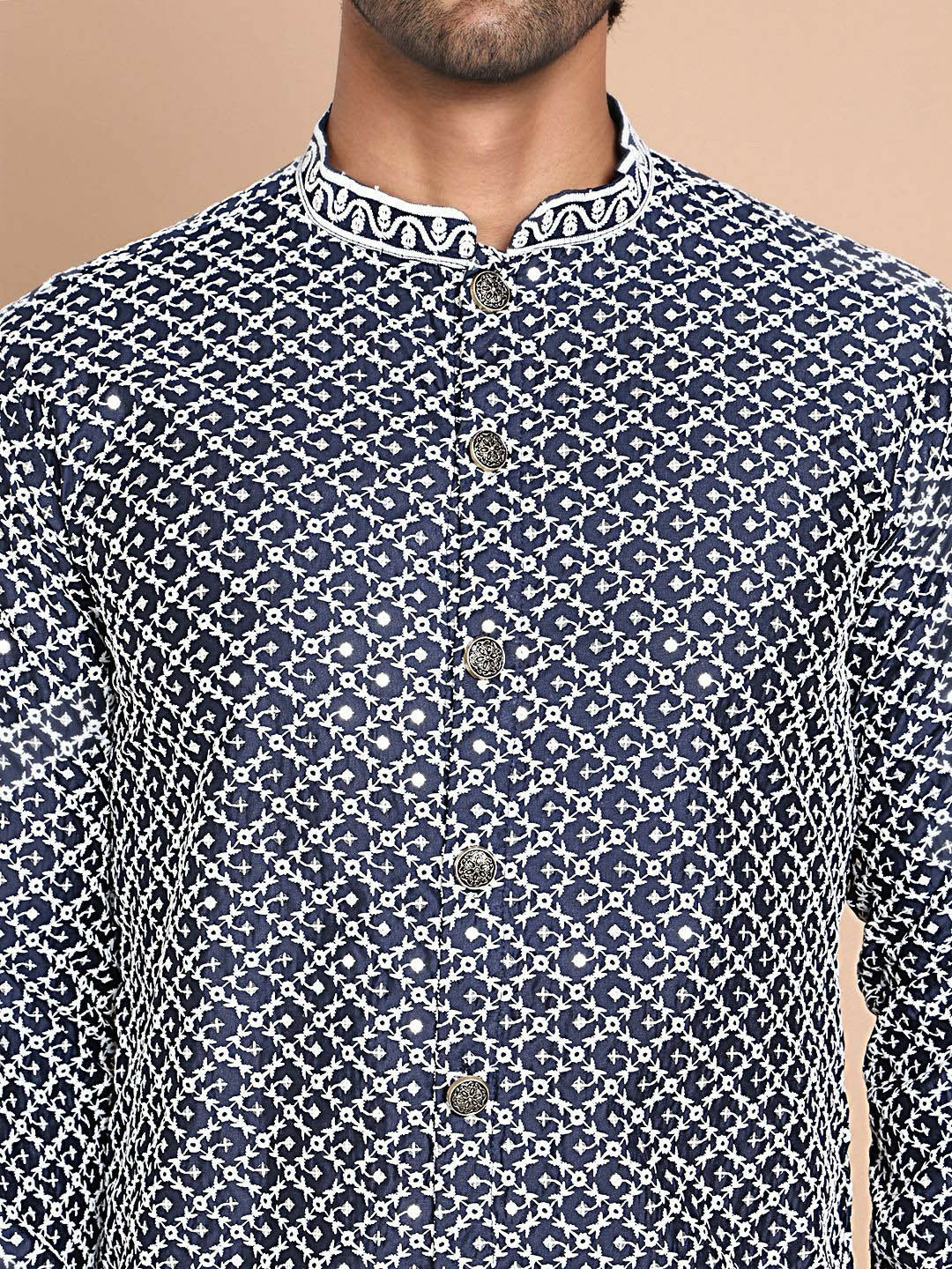 Men's Elegant Navy Embroidered Kurta Set with Pyjamas – Festive Wear
