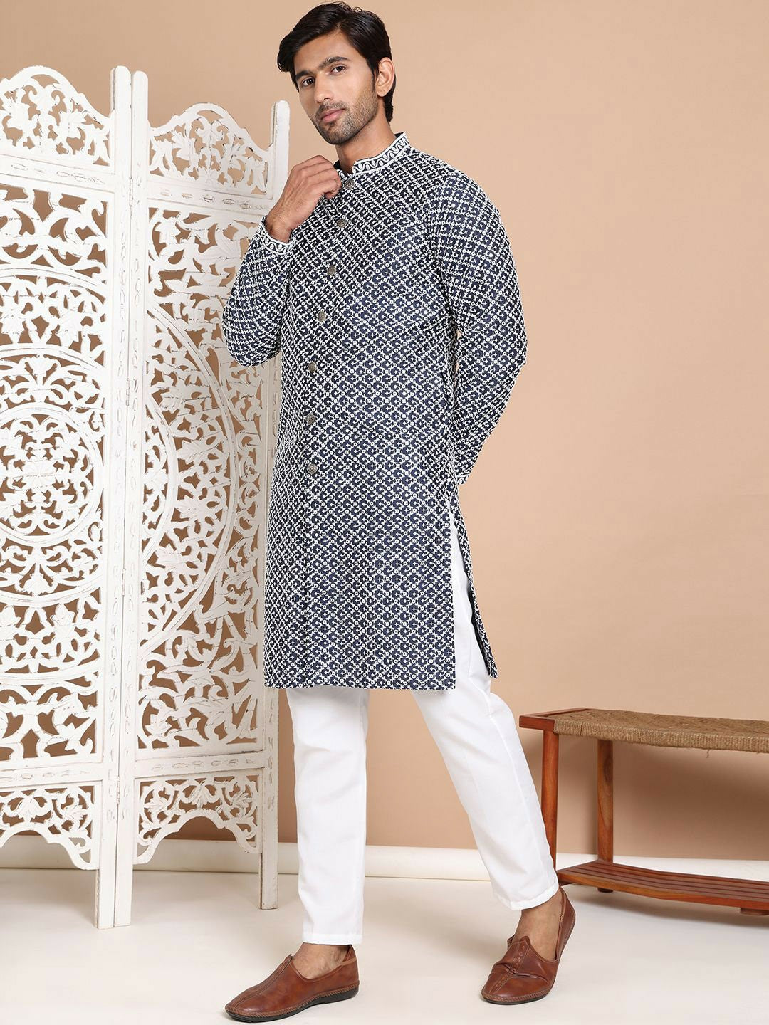 Men's Elegant Navy Embroidered Kurta Set with Pyjamas – Festive Wear
