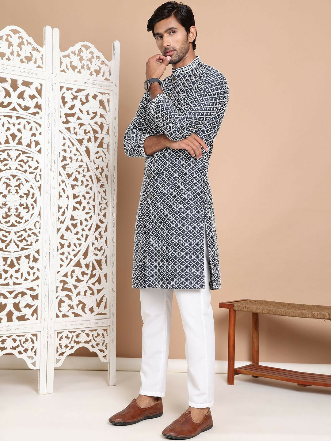 Men's Elegant Navy Embroidered Kurta Set with Pyjamas – Festive Wear
