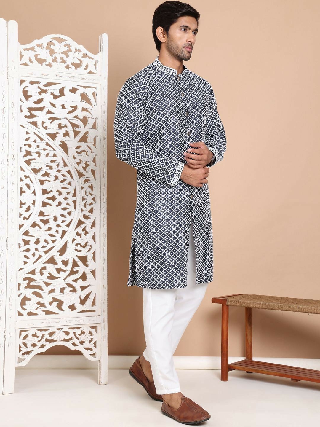Men's Elegant Navy Embroidered Kurta Set with Pyjamas – Festive Wear