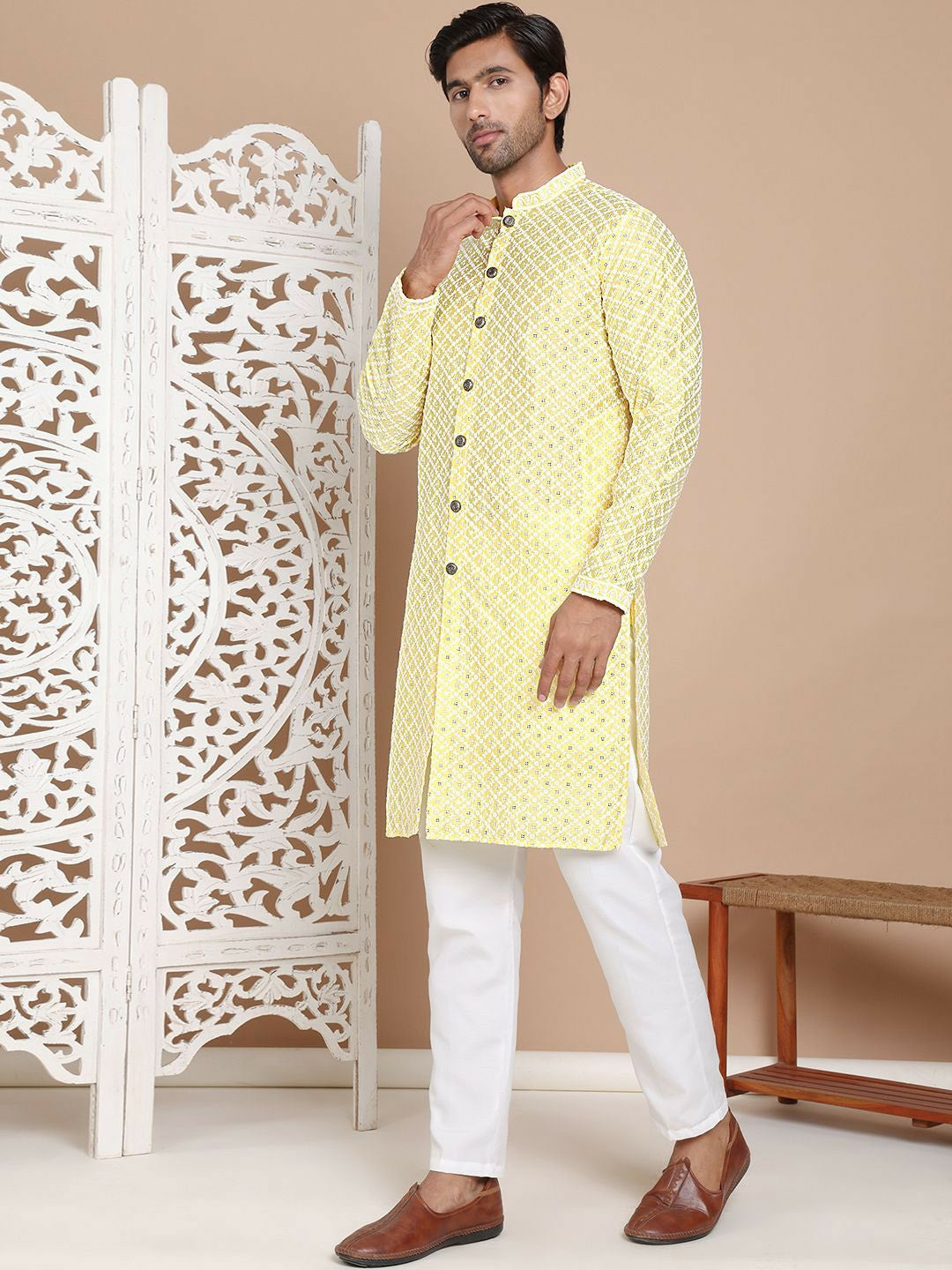 Men's Sequinned Embroidered Kurta Set with Pyjamas – Festive Attire