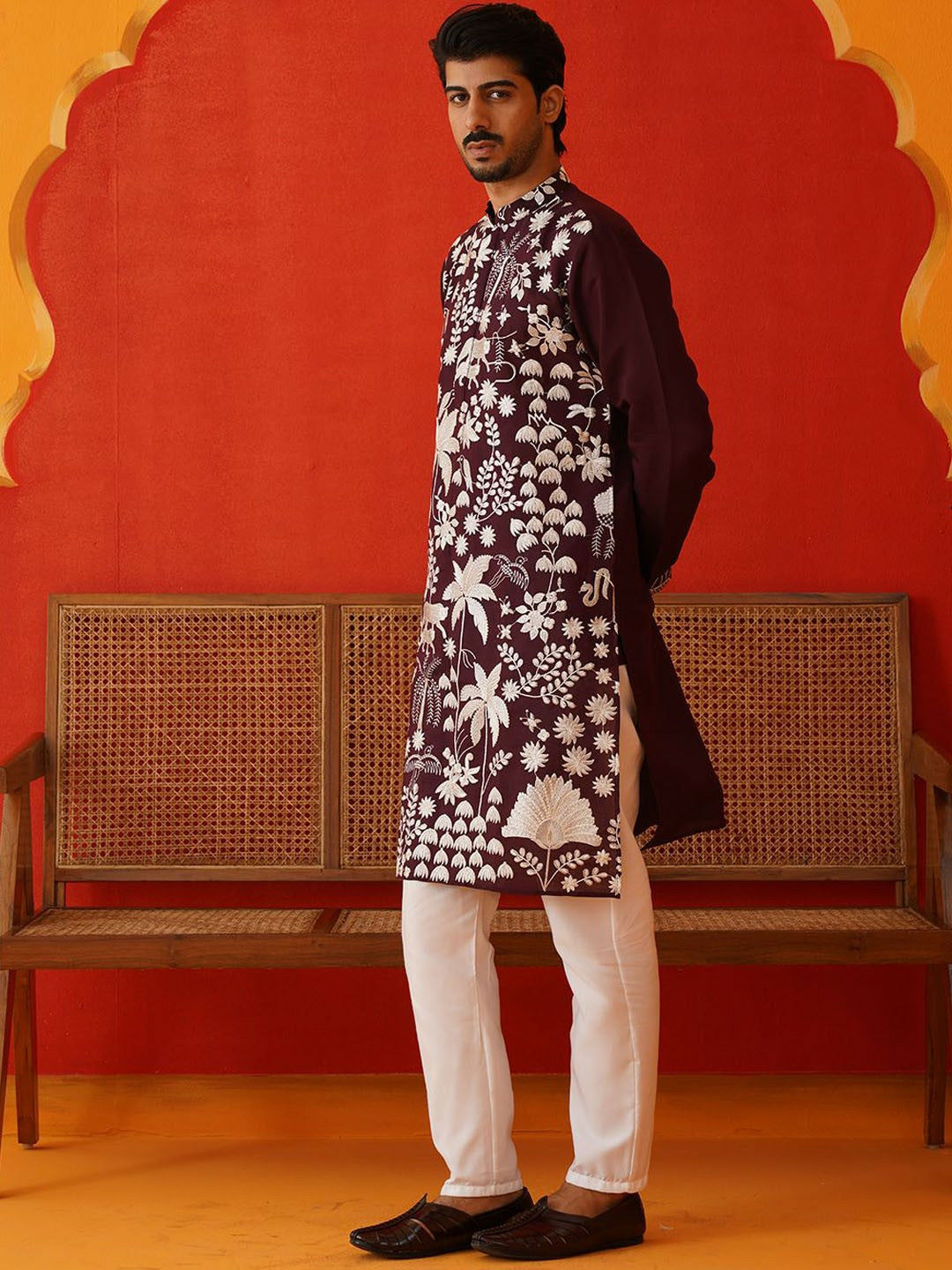 Men’s Burgundy Embroidered Nehru Jacket – Traditional Elegance