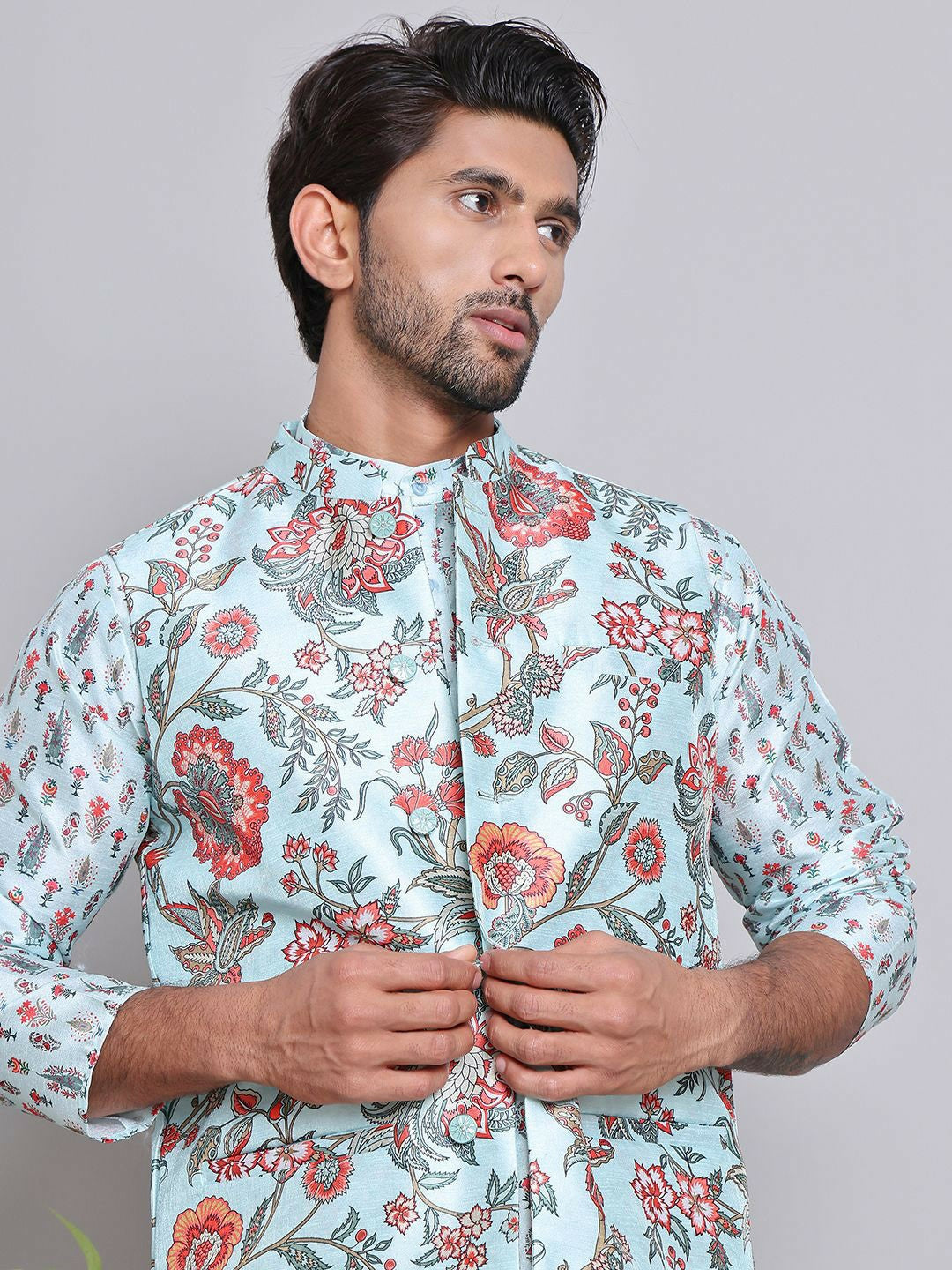 Men's Floral Printed Kurta with Pyjamas & Nehru Jacket – Elegant Festive Ensemble