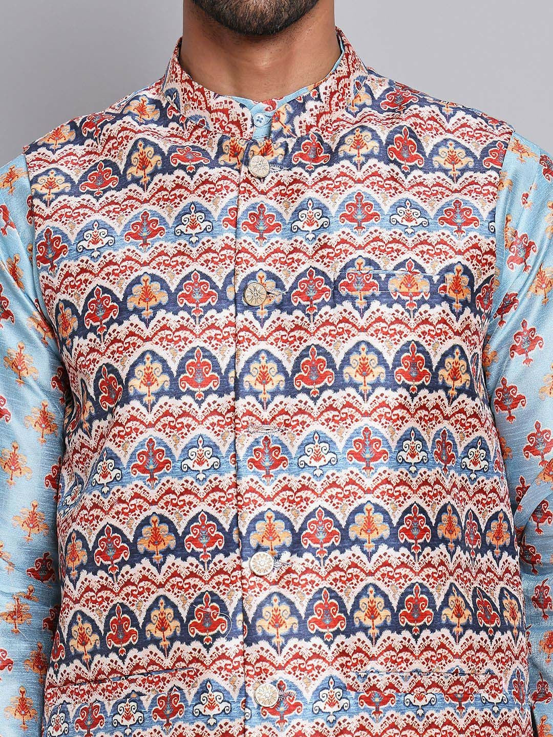 Men’s Floral Printed Kurta with Pyjamas & Nehru Jacket – Classic Festive Set
