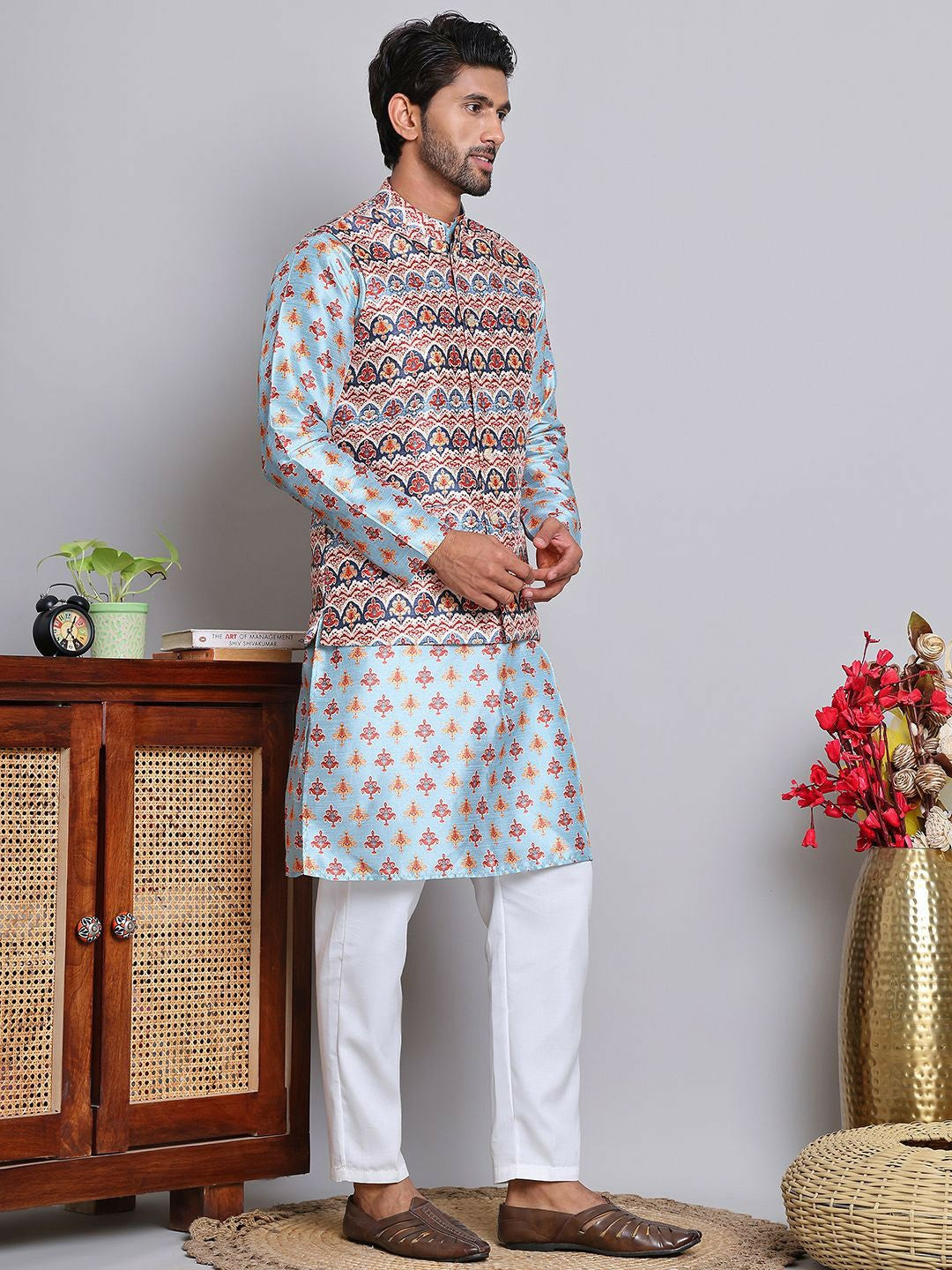 Men’s Floral Printed Kurta with Pyjamas & Nehru Jacket – Classic Festive Set