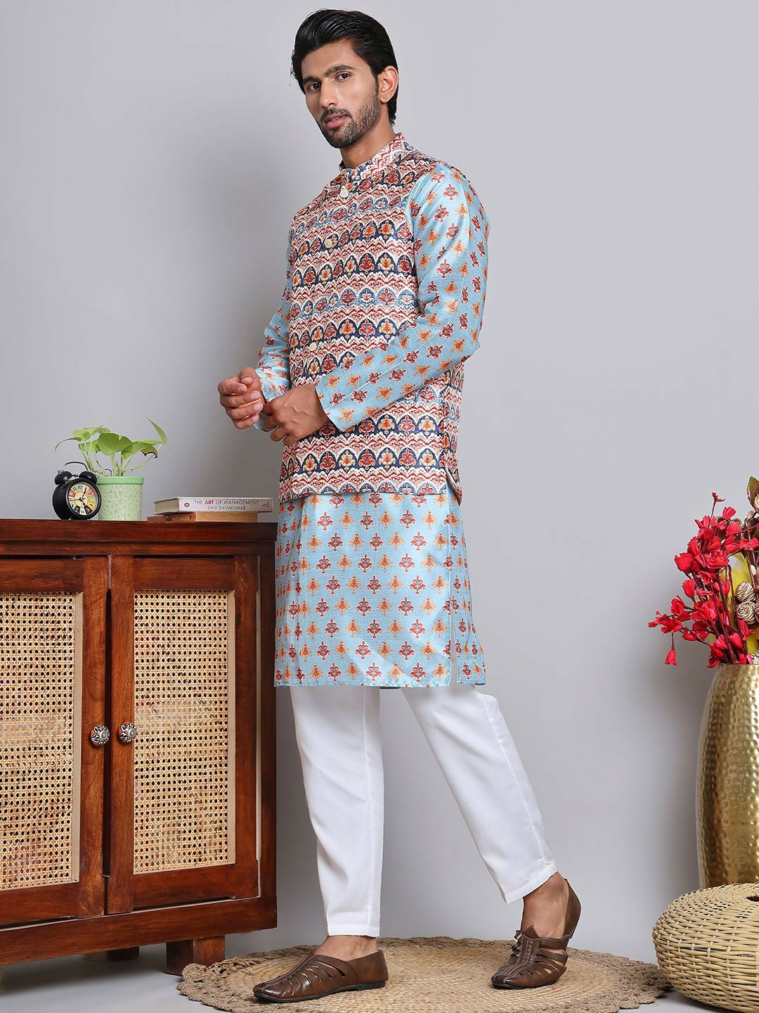 Men’s Floral Printed Kurta with Pyjamas & Nehru Jacket – Classic Festive Set