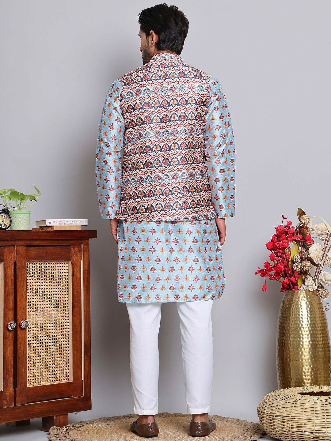 Men’s Floral Printed Kurta with Pyjamas & Nehru Jacket – Classic Festive Set
