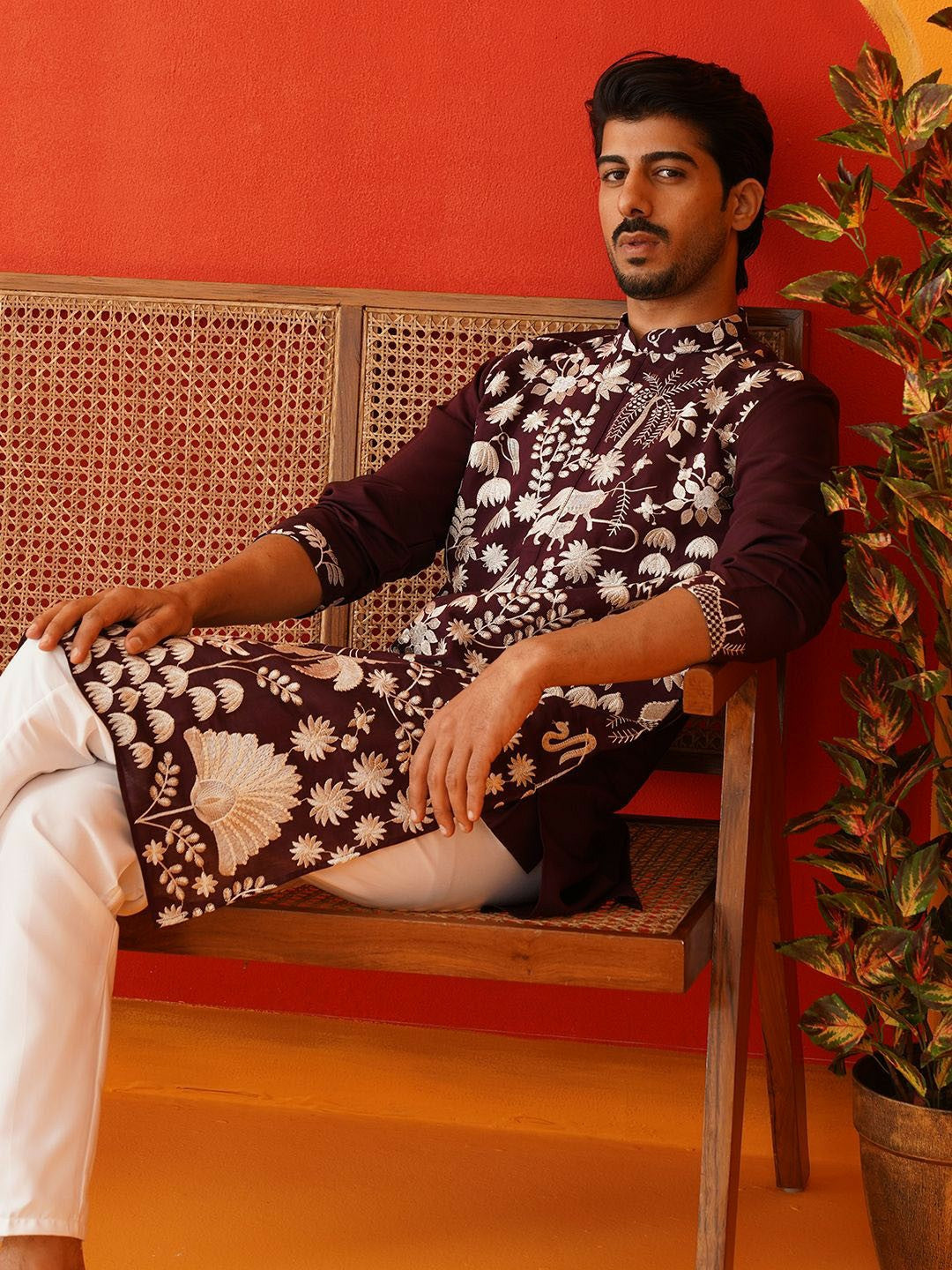 Men’s Burgundy Embroidered Nehru Jacket – Traditional Elegance