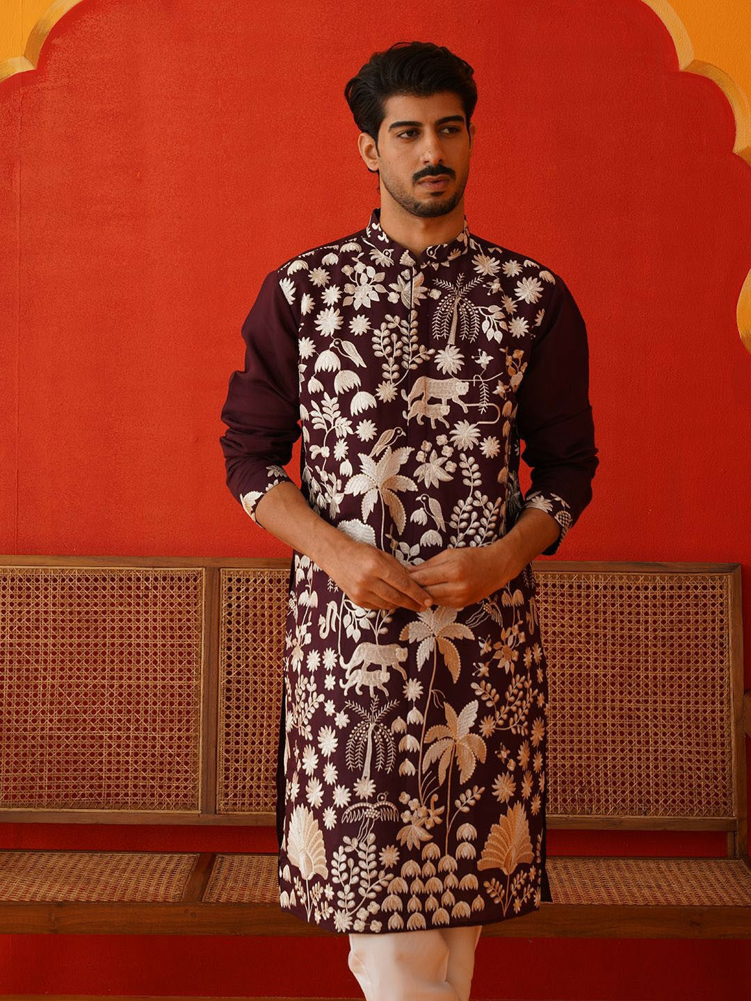 Men’s Burgundy Embroidered Nehru Jacket – Traditional Elegance