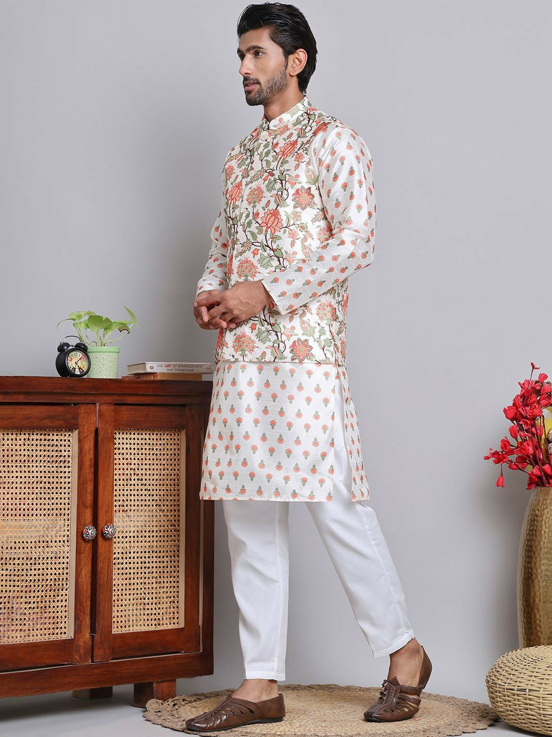Men’s Floral Printed Straight Kurta with Pyjamas – Stylish Ethnic Wear