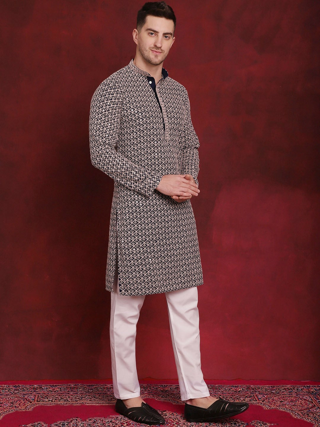 Men’s Geometric Embroidered Pure Cotton Straight Kurta with Pyjamas – Subtle Spark & Style