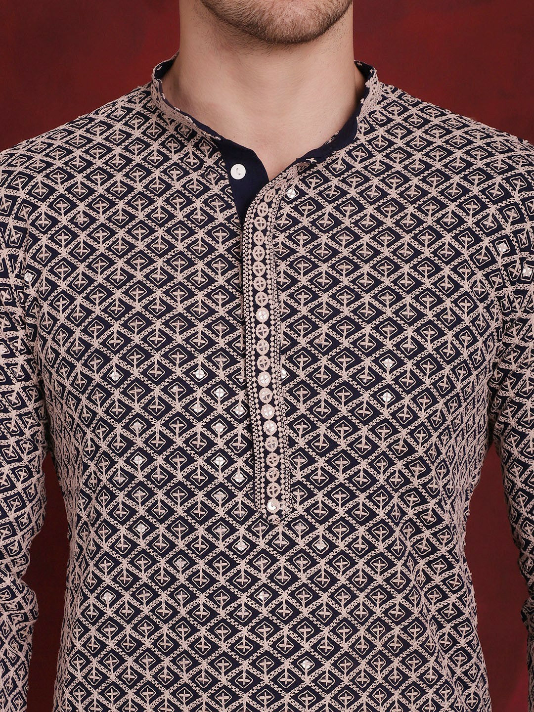 Men’s Geometric Embroidered Pure Cotton Straight Kurta with Pyjamas – Subtle Spark & Style