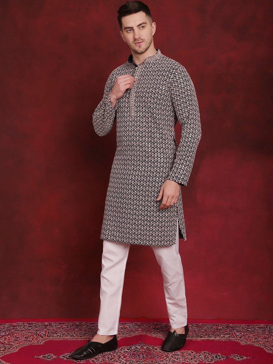 Men’s Geometric Embroidered Pure Cotton Straight Kurta with Pyjamas – Subtle Spark & Style