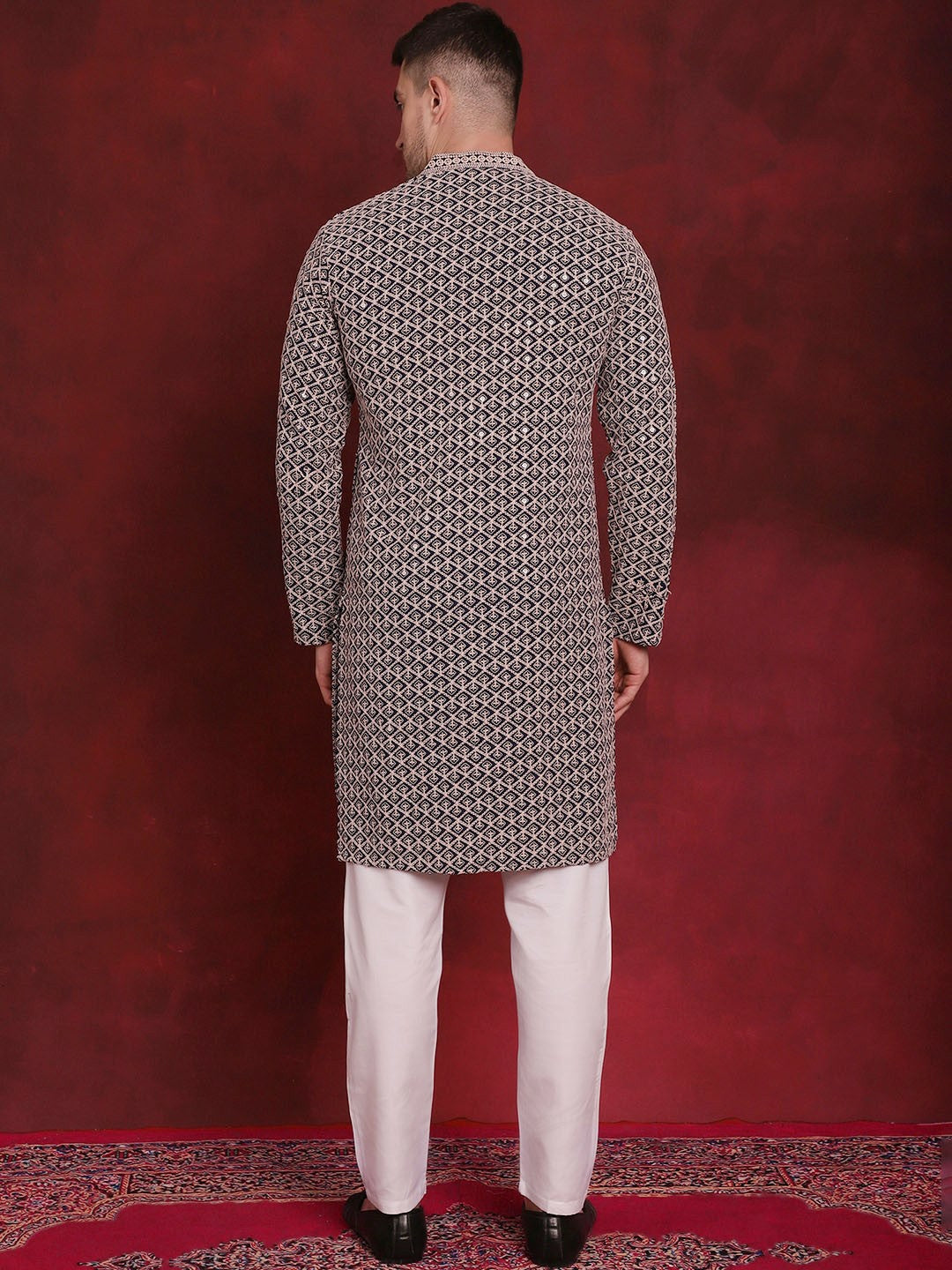 Men’s Geometric Embroidered Pure Cotton Straight Kurta with Pyjamas – Subtle Spark & Style