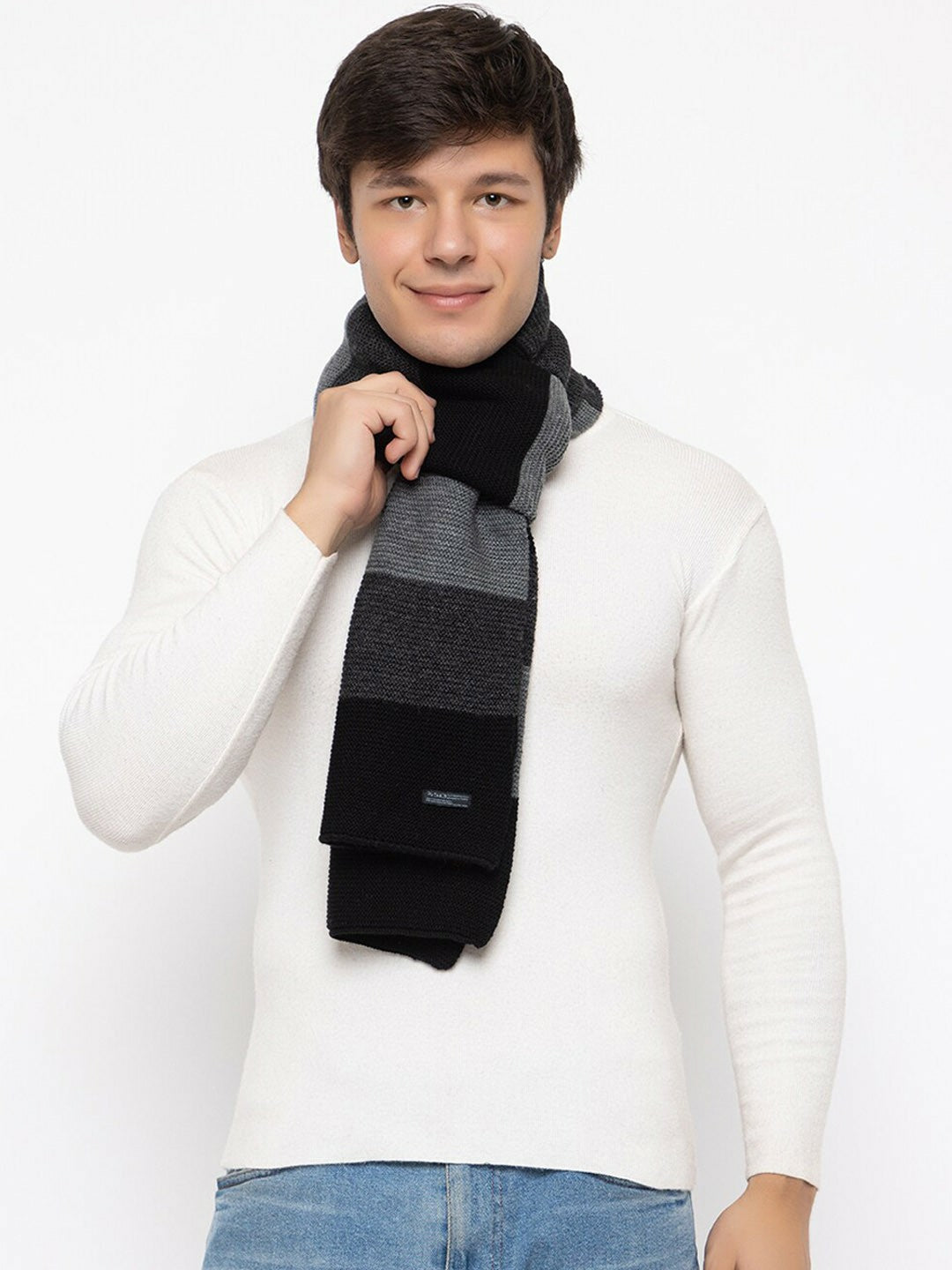 Striped Acrylic Lightweight Muffler โ Soft Knitted Black & Grey Muffler for Men | Indiaista