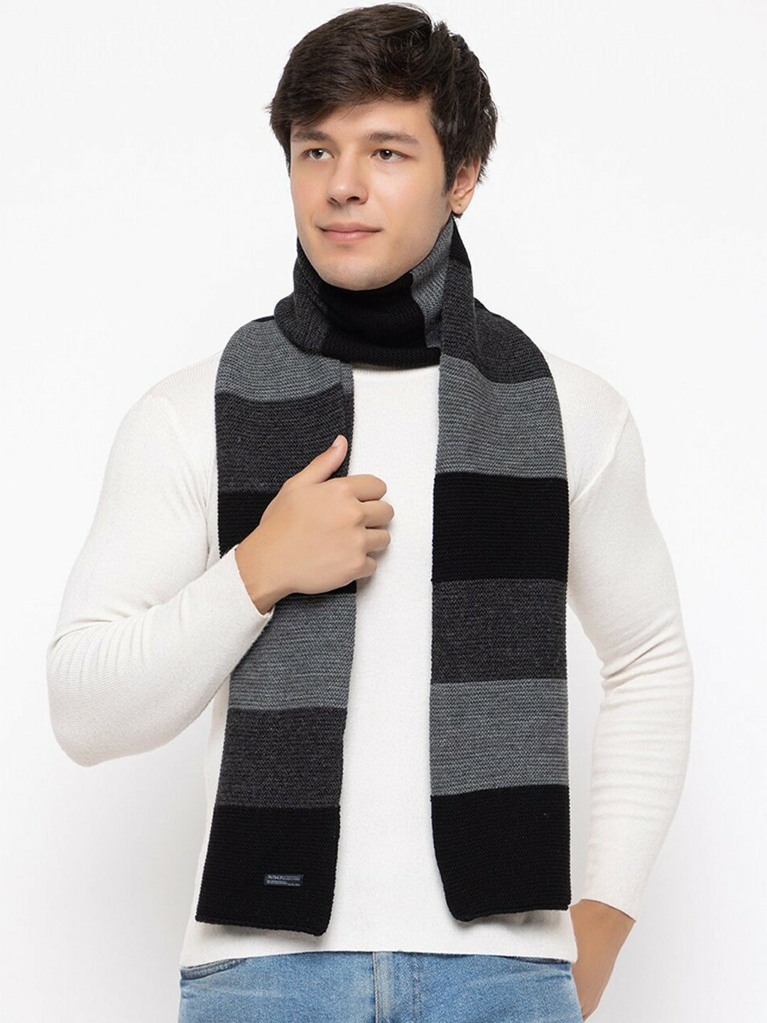 Striped Acrylic Lightweight Muffler โ Soft Knitted Black & Grey Muffler for Men | Indiaista