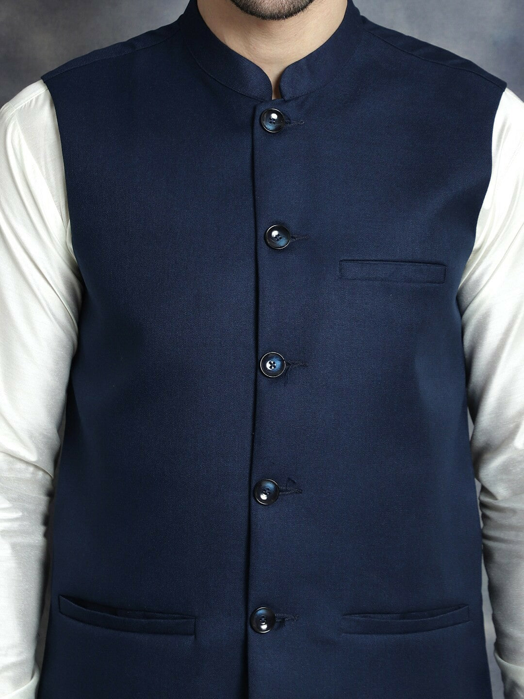Buy Navy Blue Cotton Blend Solid Nehru Jacket for Men – Stylish Mandarin Collar | Indiaista