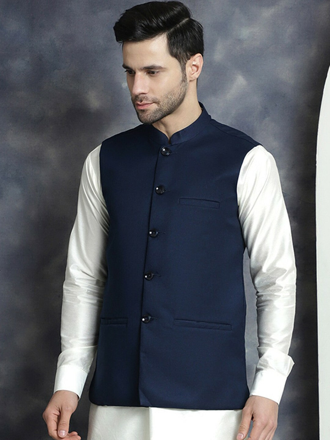 Buy Navy Blue Cotton Blend Solid Nehru Jacket for Men – Stylish Mandarin Collar | Indiaista