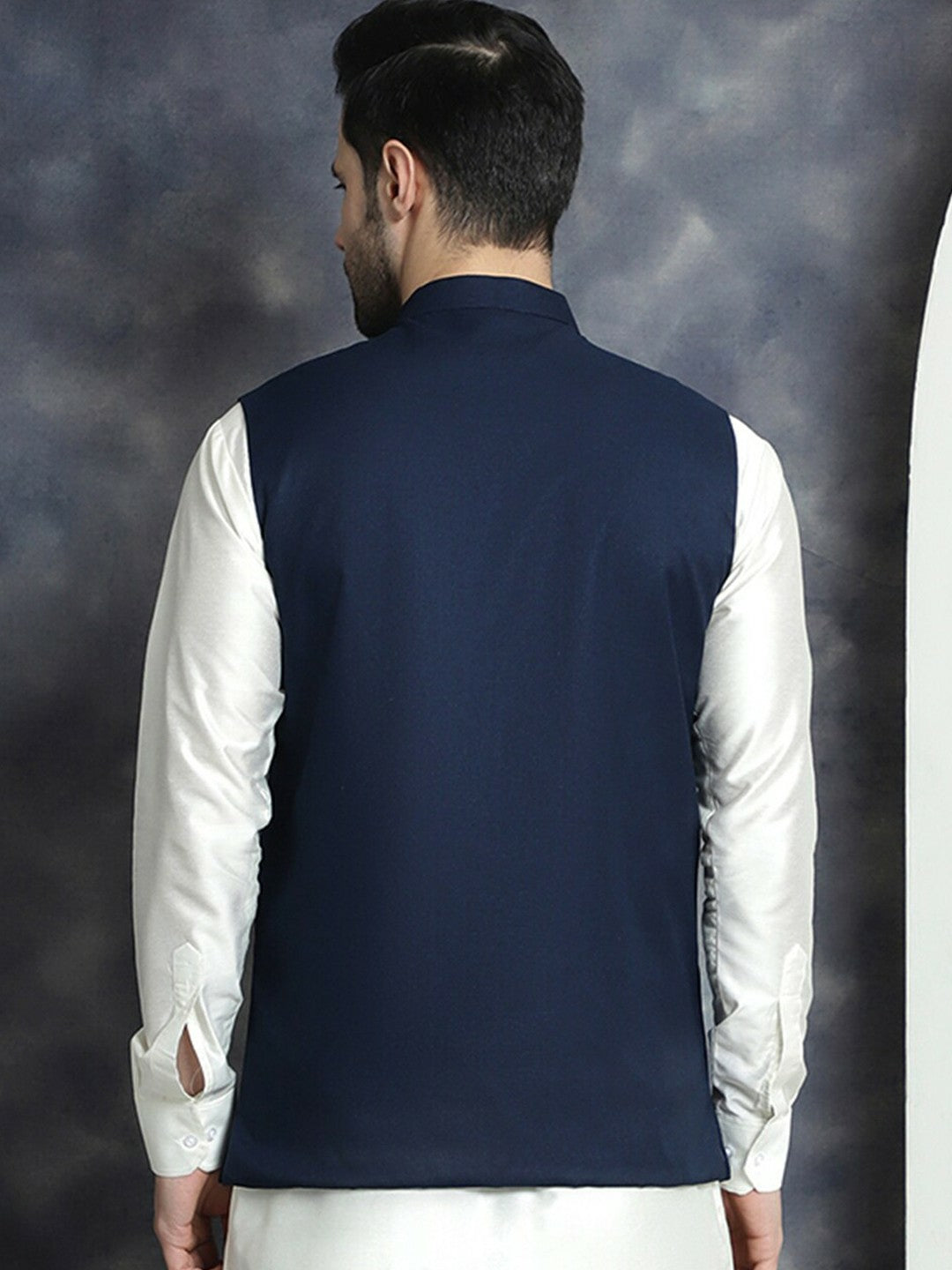Buy Navy Blue Cotton Blend Solid Nehru Jacket for Men – Stylish Mandarin Collar | Indiaista