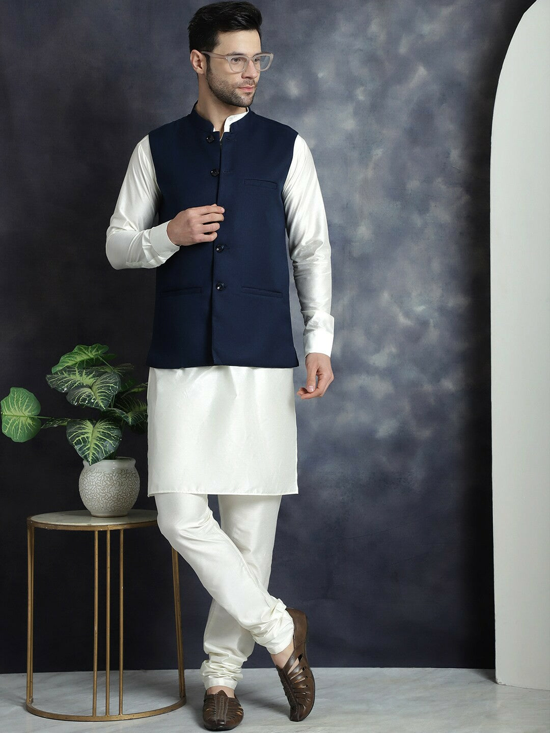 Buy Navy Blue Cotton Blend Solid Nehru Jacket for Men – Stylish Mandarin Collar | Indiaista