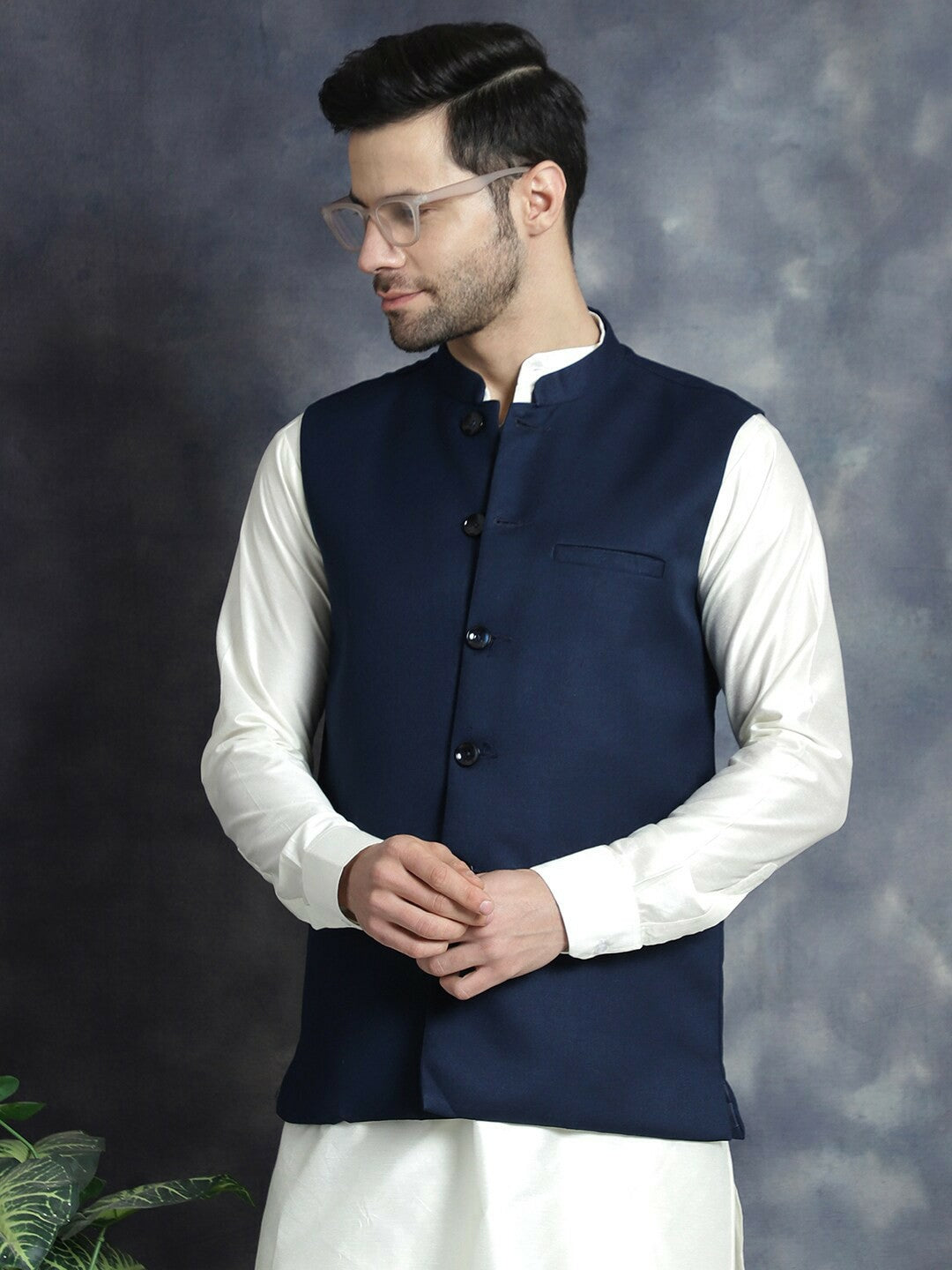 Buy Navy Blue Cotton Blend Solid Nehru Jacket for Men – Stylish Mandarin Collar | Indiaista