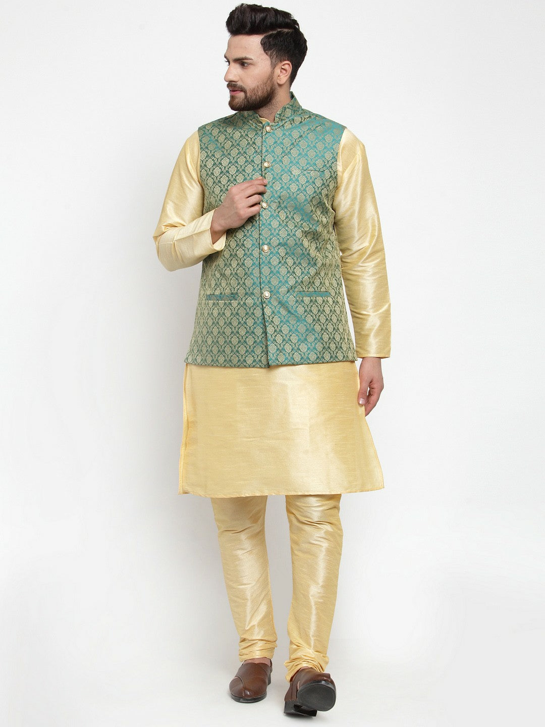 Buy Men’s Green & Gold-Toned Woven Nehru Jacket – Elegant & Stylish | Indiaista