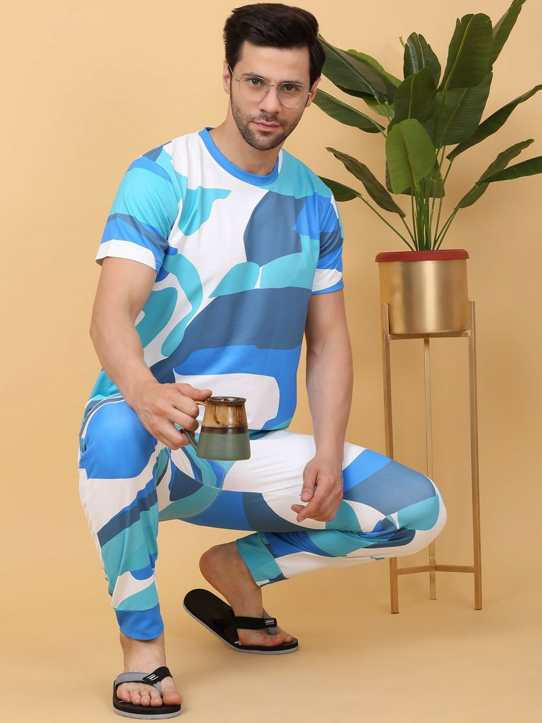 Blue & White Abstract Printed Round Neck Night Suit for Men – Stylish & Comfortable Sleepwear