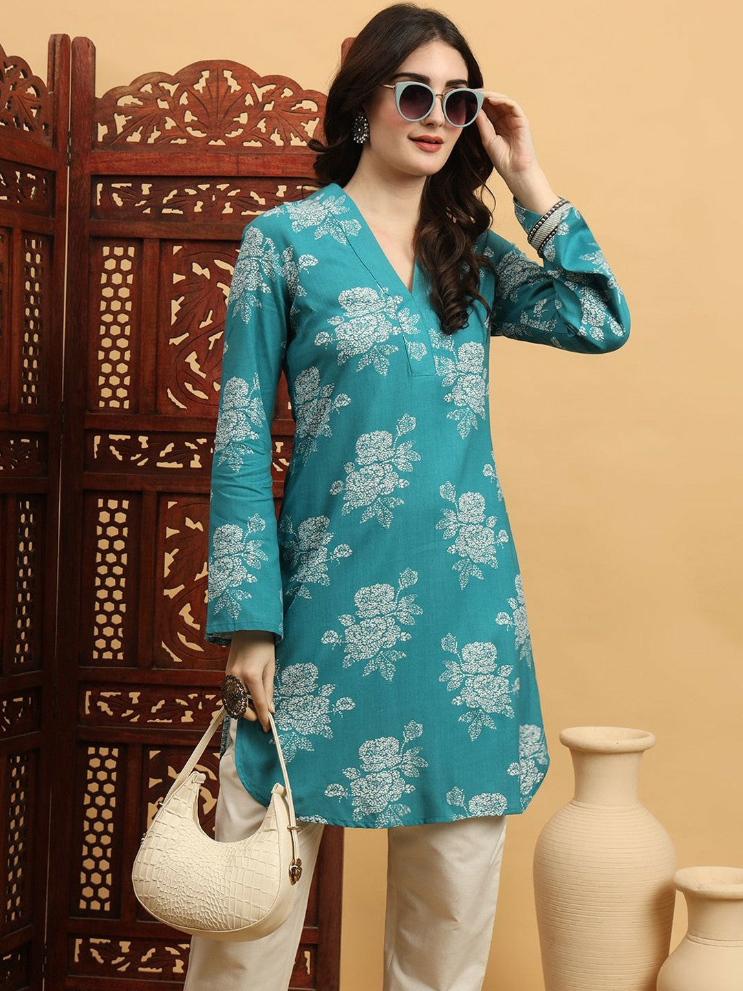 Women Ethnic Motifs Printed Flared Sleeves Indigo Kurta