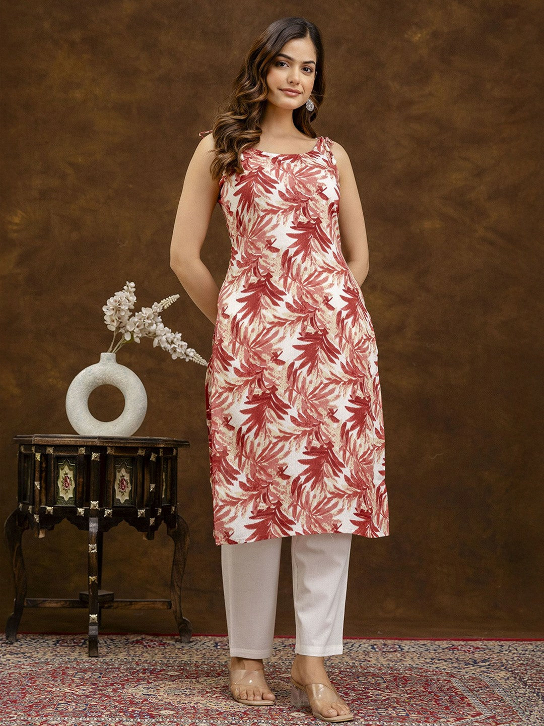 Floral Printed Shoulder Strap Red & White Cotton Kurta