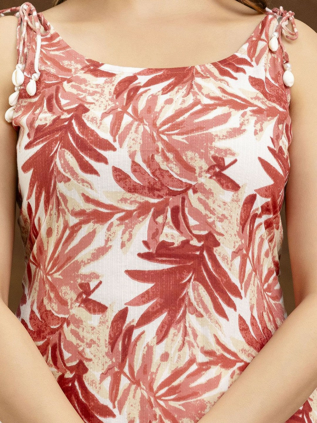 Floral Printed Shoulder Strap Red & White Cotton Kurta