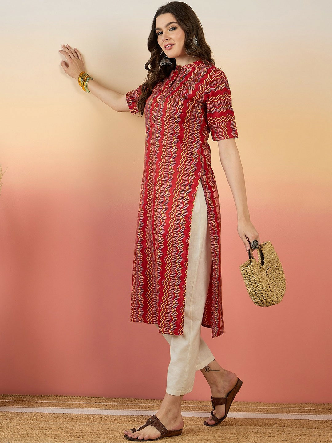 Red Chevron Printed Mandarin Collar Cotton Kurta