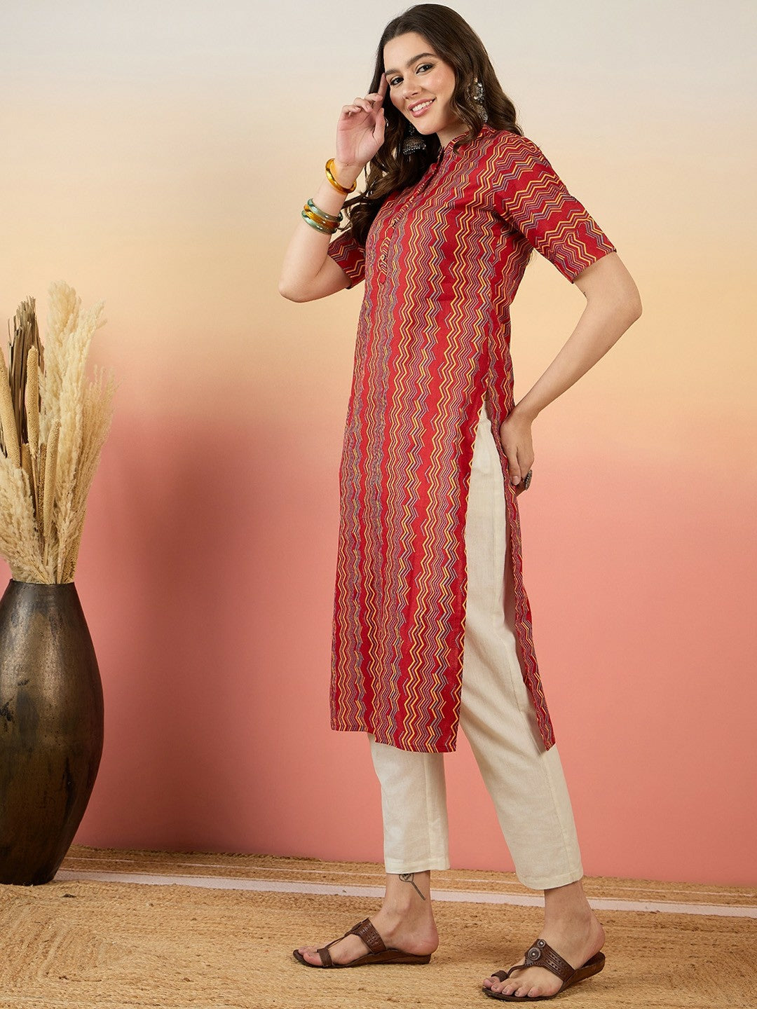 Red Chevron Printed Mandarin Collar Cotton Kurta