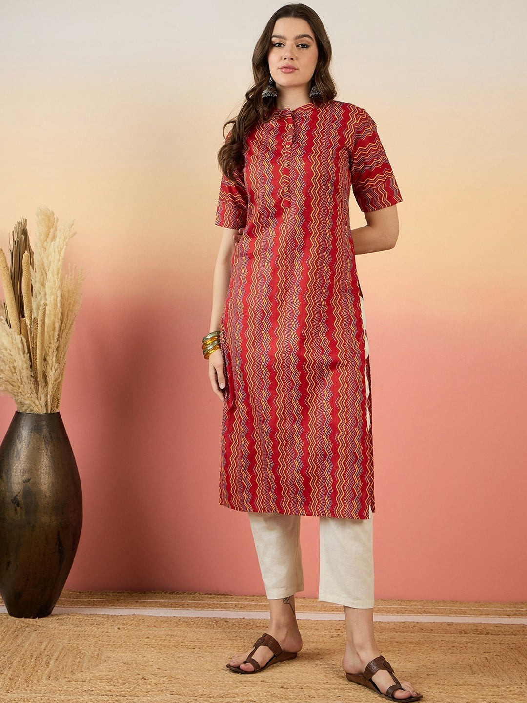 Red Chevron Printed Mandarin Collar Cotton Kurta