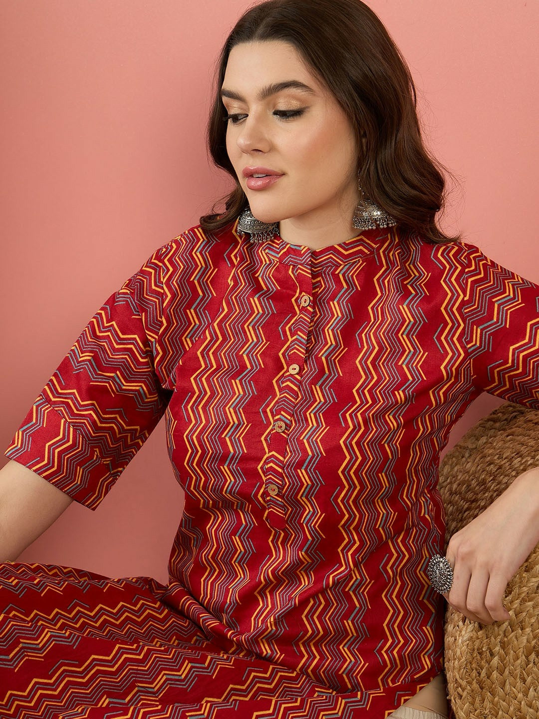 Red Chevron Printed Mandarin Collar Cotton Kurta