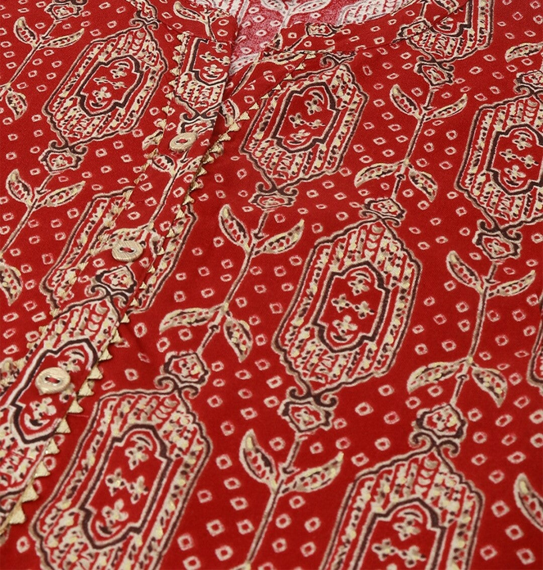 Red Paisley Printed Straight Kurta with Gotta Patti Detail