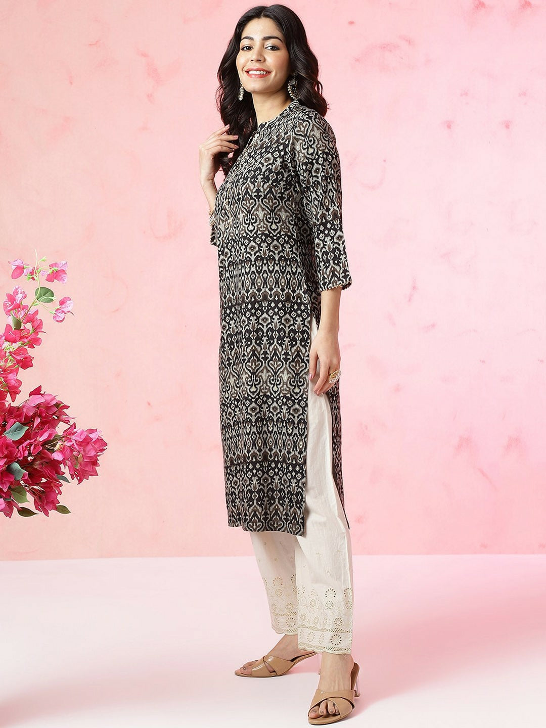 Women Black Ethnic Motifs Printed A-Line Kurta with Bead Detail