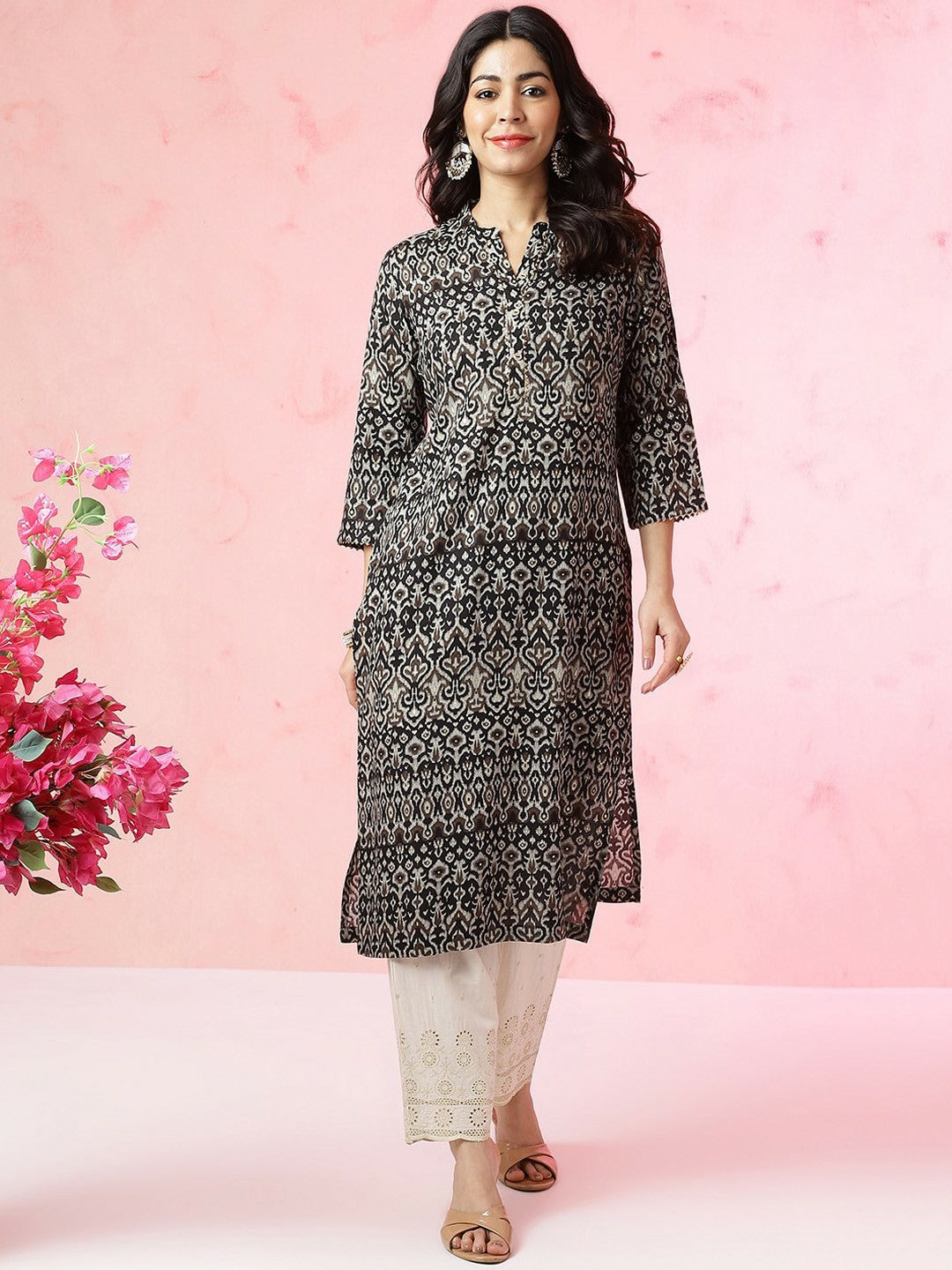 Women Black Ethnic Motifs Printed A-Line Kurta with Bead Detail