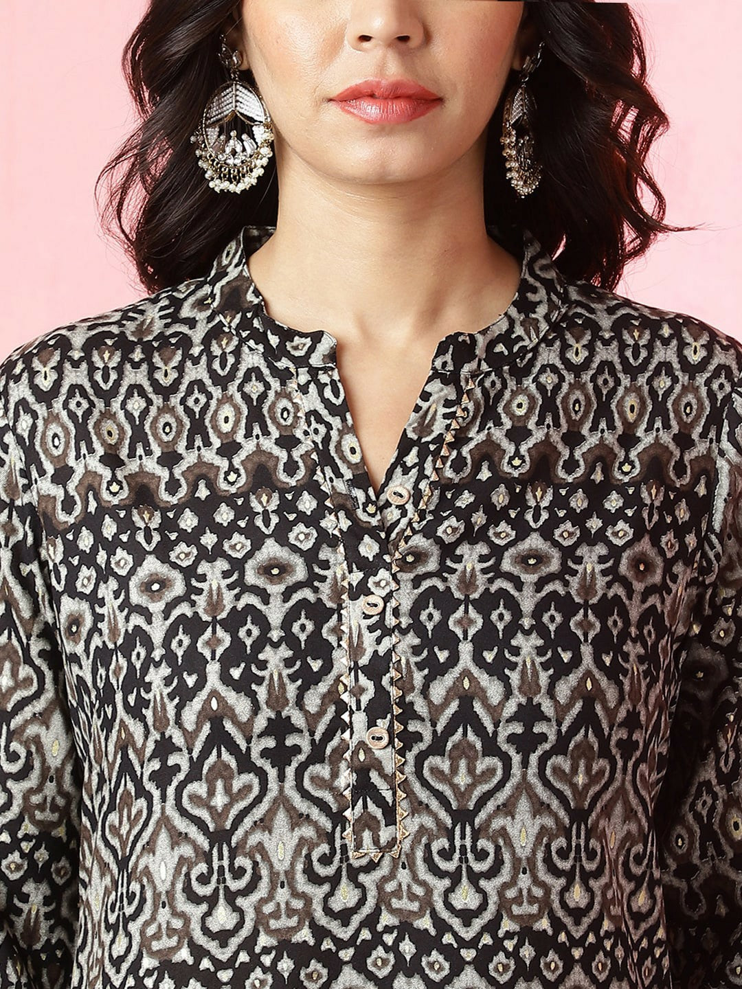 Women Black Ethnic Motifs Printed A-Line Kurta with Bead Detail