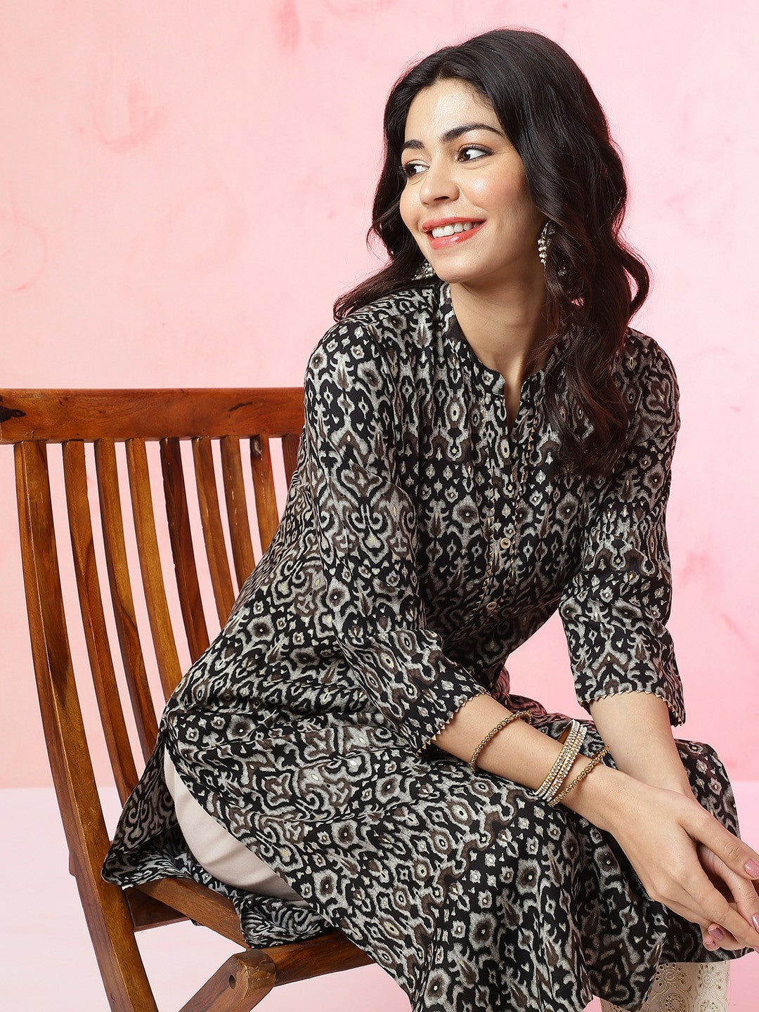 Women Black Ethnic Motifs Printed A-Line Kurta with Bead Detail