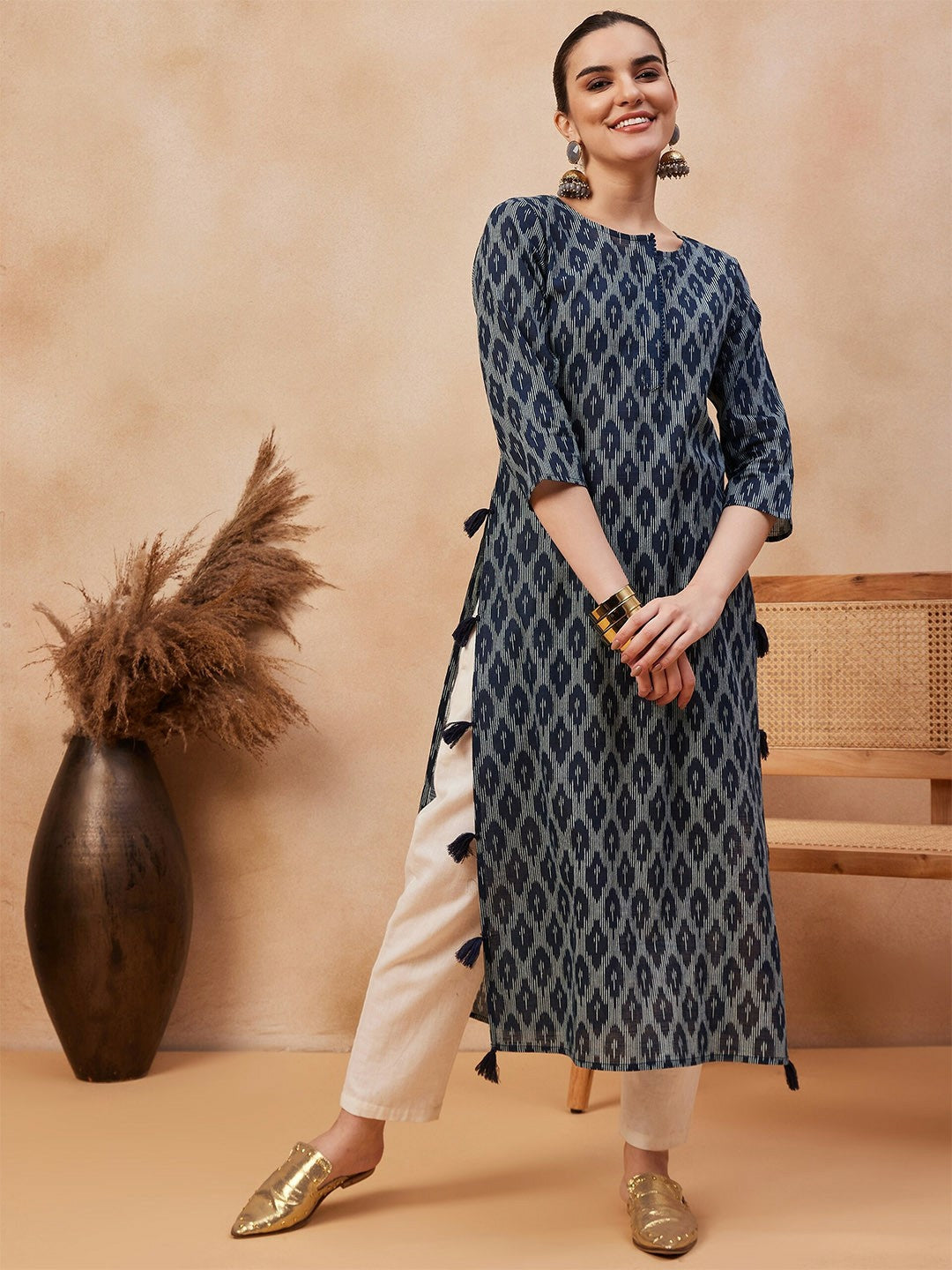 Navy Blue Ethnic Motifs Printed Pure Cotton Straight Kurta