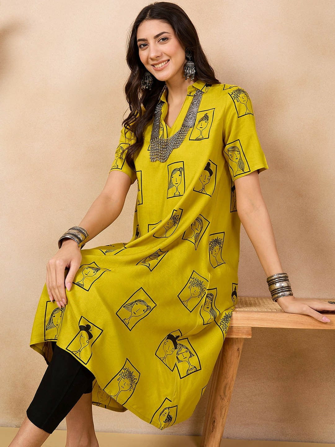 Mustard Yellow Ethnic Motifs Printed Shirt Collar A-Line Kurta